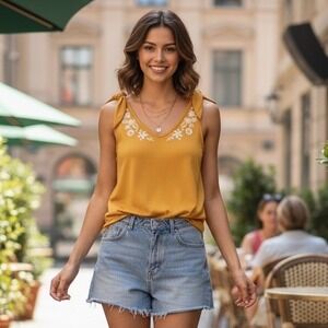 Alya Yellow Embroidered Tie Shoulder V Neck A Line Mini Dress Women's XS